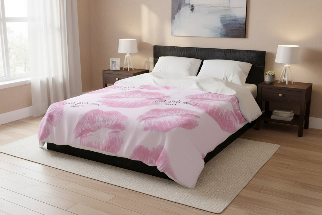 Velveteen Plush Blanket - Pink Kiss Print "cool girls don&