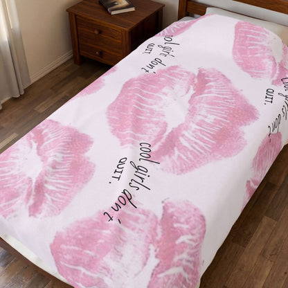 Velveteen Plush Blanket - Pink Kiss Print "cool girls don&