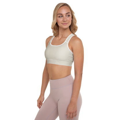 Beige Padded Sports Bra Set Do It for the Plot, back view on model wearing matching workout leggings.