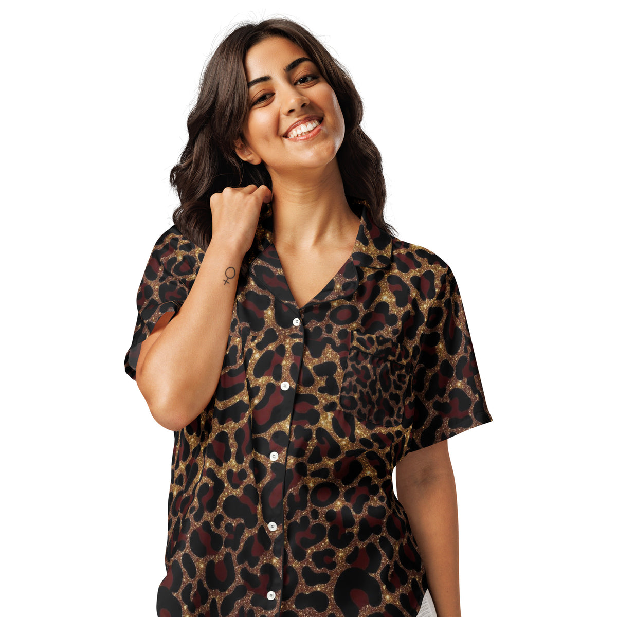 Gold x Red Leopard Print Womens Short Sleeve Pajama Top breathable sleepwear