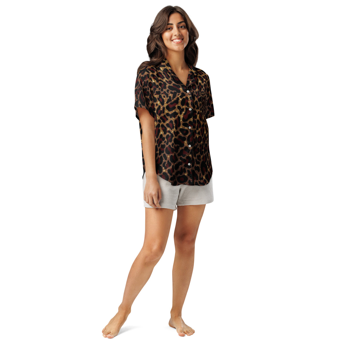 Gold x Red Leopard Print Womens Short Sleeve Pajama Top breathable sleepwear
