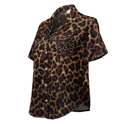 Gold x Red Leopard Print Womens Short Sleeve Pajama Top breathable sleepwear