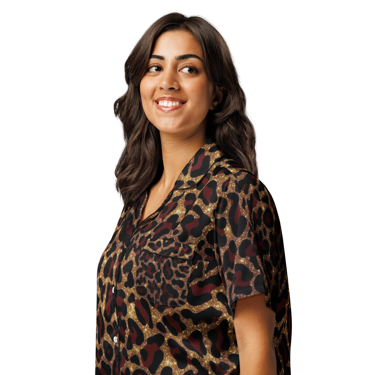 Gold x Red Leopard Print Womens Short Sleeve Pajama Top breathable sleepwear
